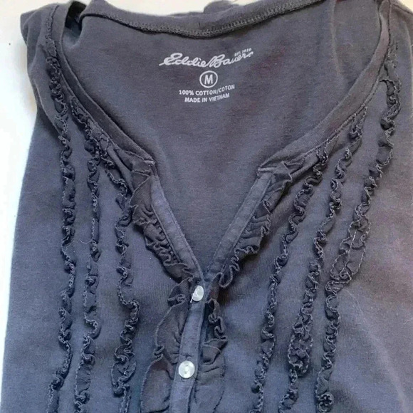 Eddie Bauer, dark gray, 100% cotton V-neck,  long sleeve T-shirt with frills - Picture 5 of 5
